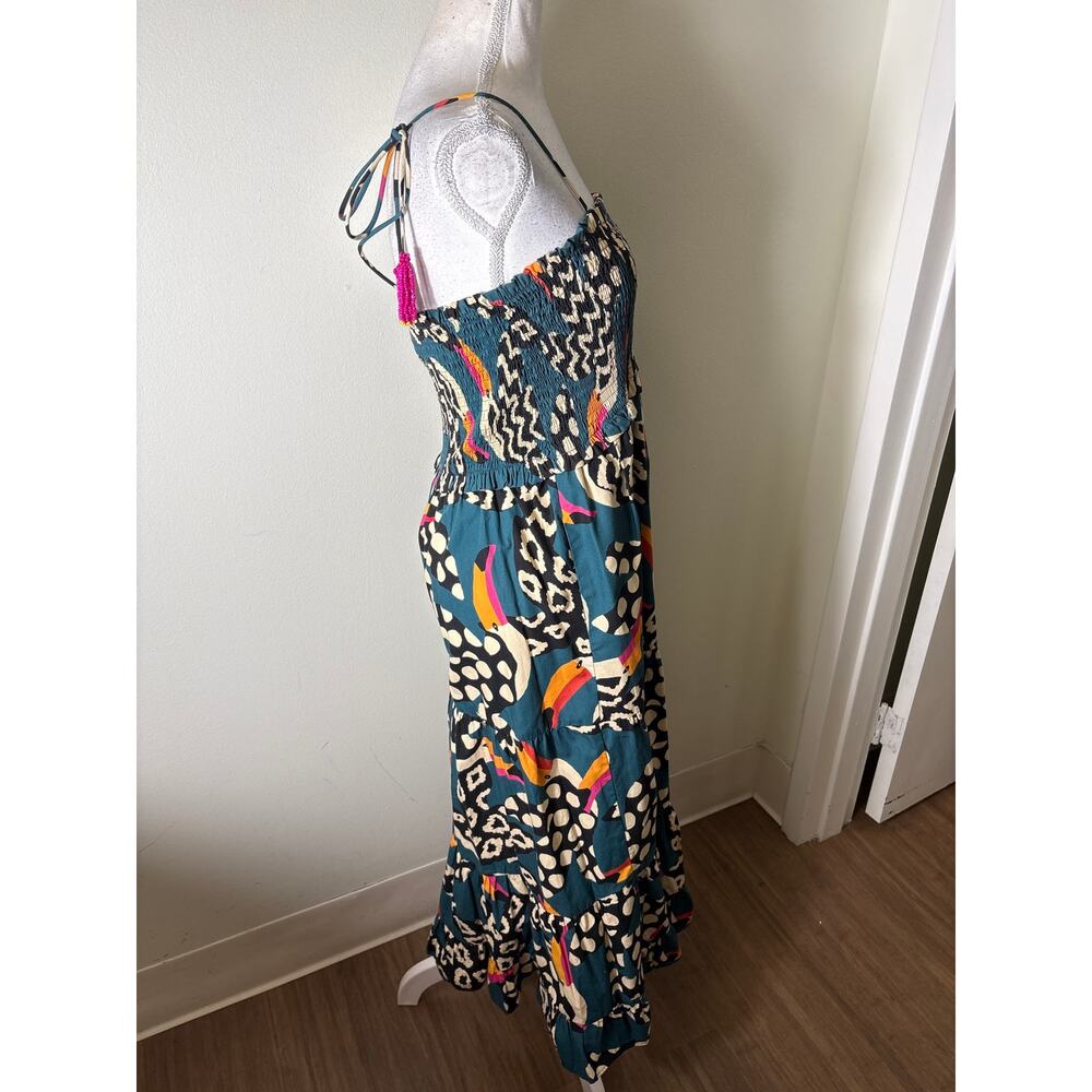 Farm Rio Dark Green Tucan Smocked Cotton Maxi Dress Sz M - Picture 3 of 5